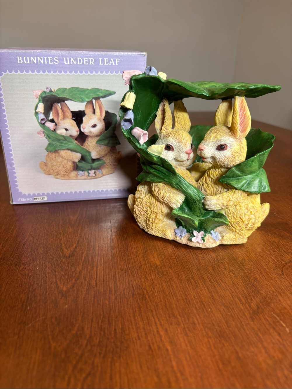 Vintage 1990s Bunnies Under Leaf Resin Figurine